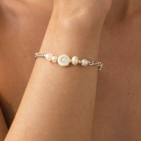 925 Sterling Silver Jewelry - New Sterling silver initial tennis bracelet sterling Silver and White Pearl